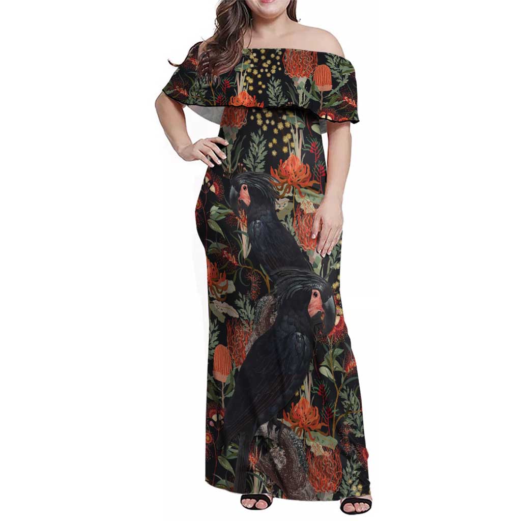 Australia Palm Cockatoo Family Matching Off Shoulder Maxi Dress and Hawaiian Shirt Aussie Native Flowers - Aussie Hoodie