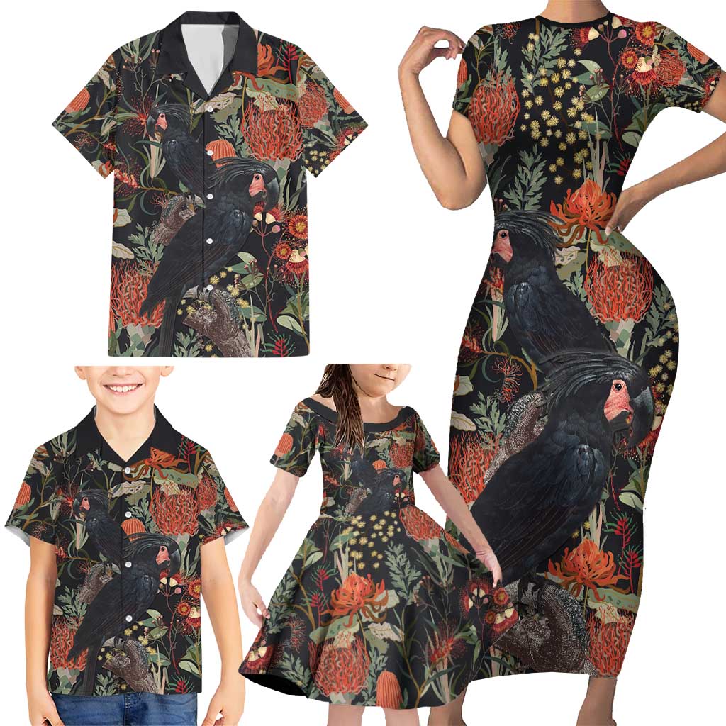 Australia Palm Cockatoo Family Matching Short Sleeve Bodycon Dress and Hawaiian Shirt Aussie Native Flowers - Aussie Hoodie