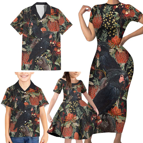 Australia Palm Cockatoo Family Matching Short Sleeve Bodycon Dress and Hawaiian Shirt Aussie Native Flowers - Aussie Hoodie