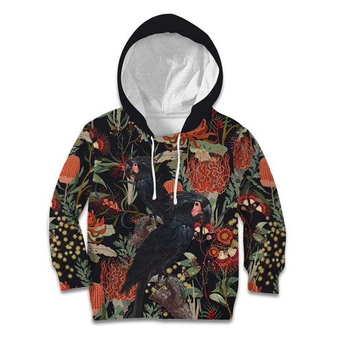 Australia Palm Cockatoo Kid Hoodie Aussie Native Flowers - Aussie Hoodie