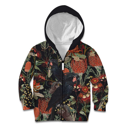 Australia Palm Cockatoo Kid Hoodie Aussie Native Flowers - Aussie Hoodie