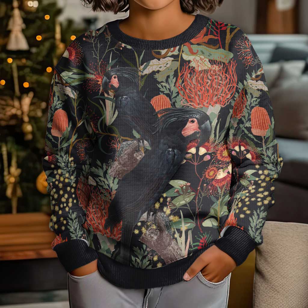 Australia Palm Cockatoo Kid Ugly Christmas Sweater Aussie Native Flowers - Aussie Hoodie
