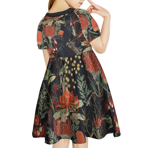 Australia Palm Cockatoo Kid Short Sleeve Dress Aussie Native Flowers - Aussie Hoodie
