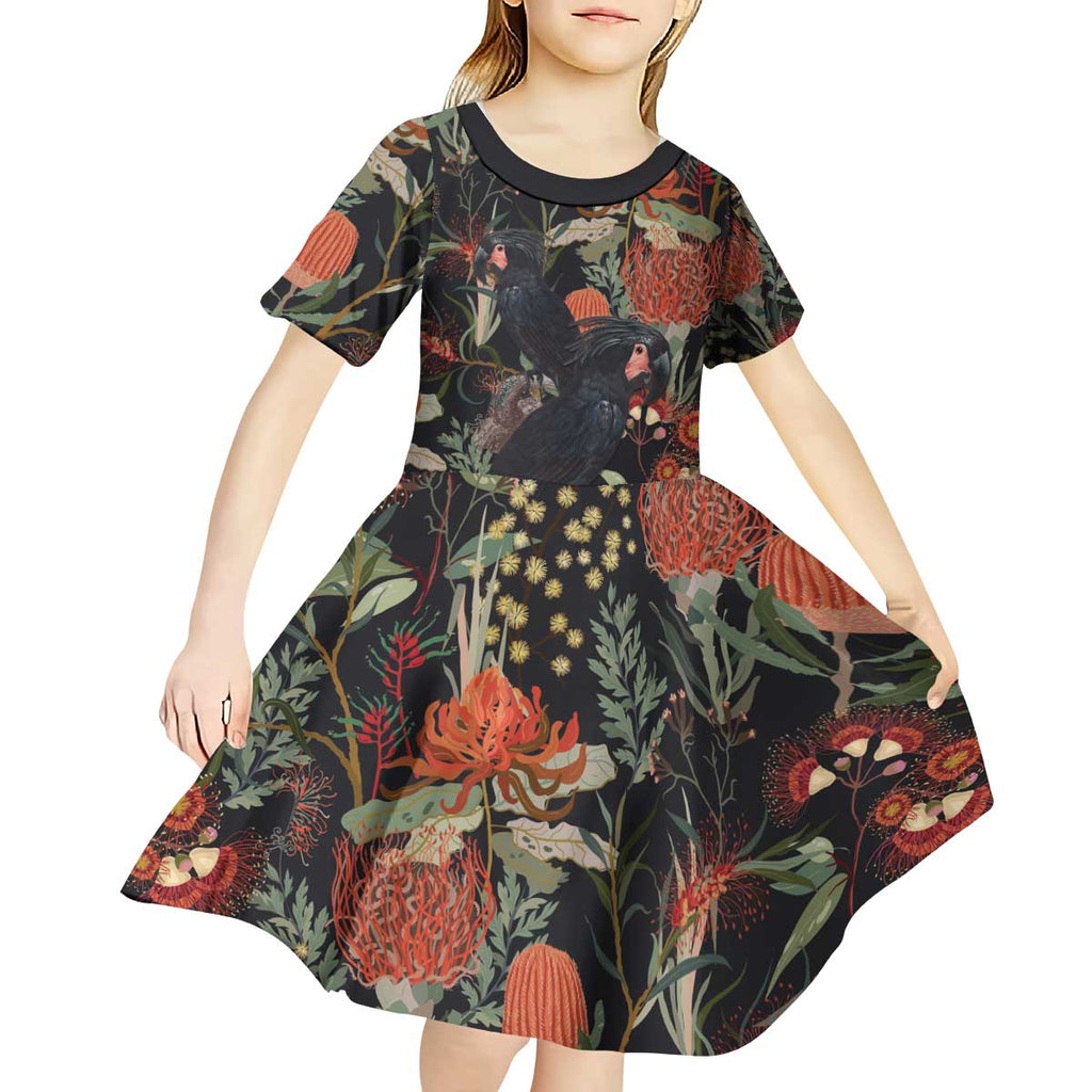 Australia Palm Cockatoo Kid Short Sleeve Dress Aussie Native Flowers - Aussie Hoodie