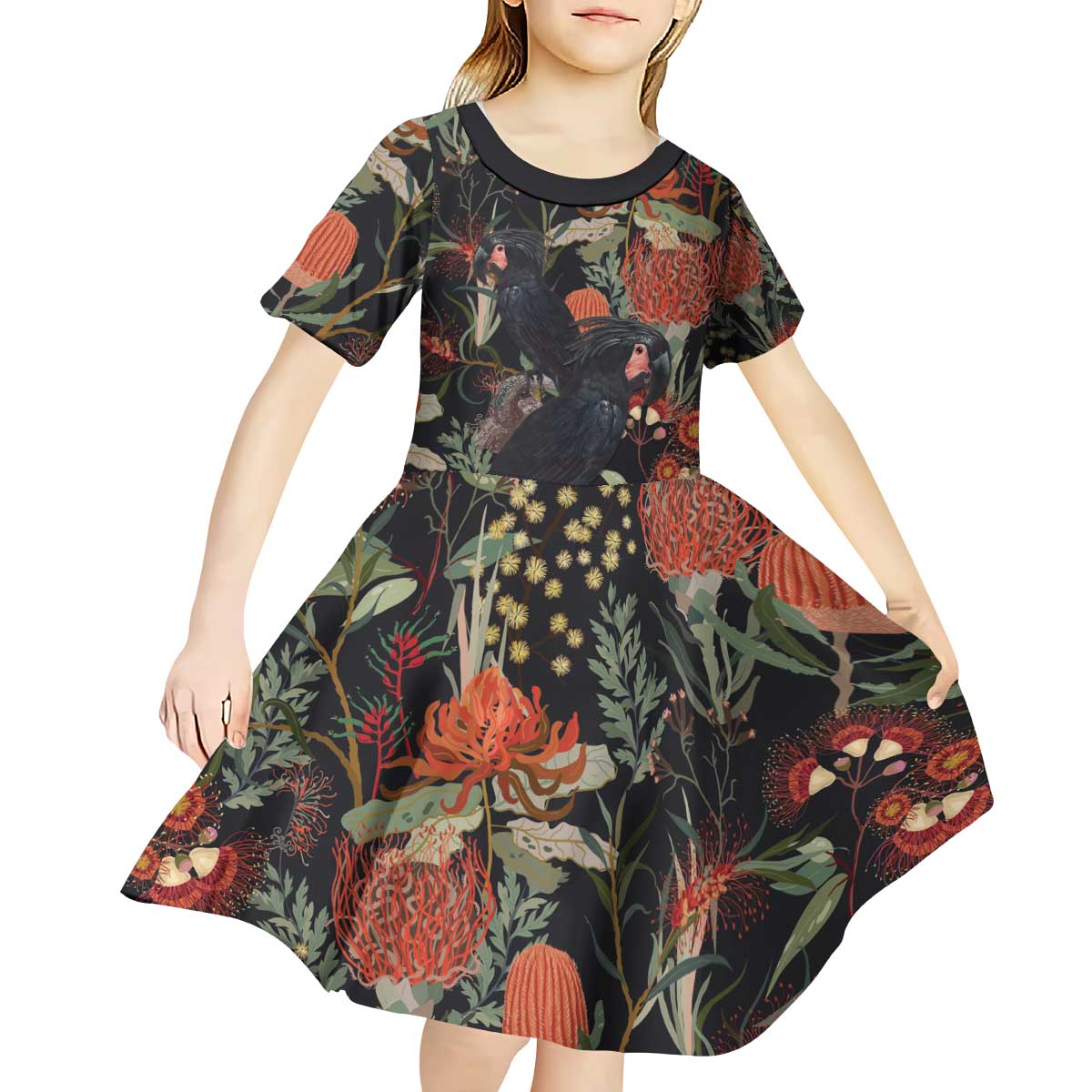 Australia Palm Cockatoo Kid Short Sleeve Dress Aussie Native Flowers - Aussie Hoodie