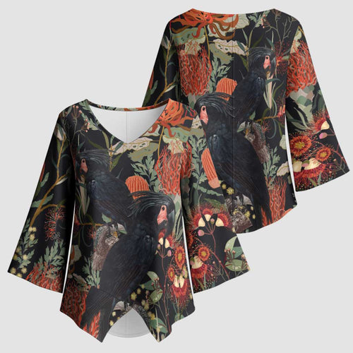 Australia Palm Cockatoo Kimono Sleeve Blouse Aussie Native Flowers - Aussie Hoodie