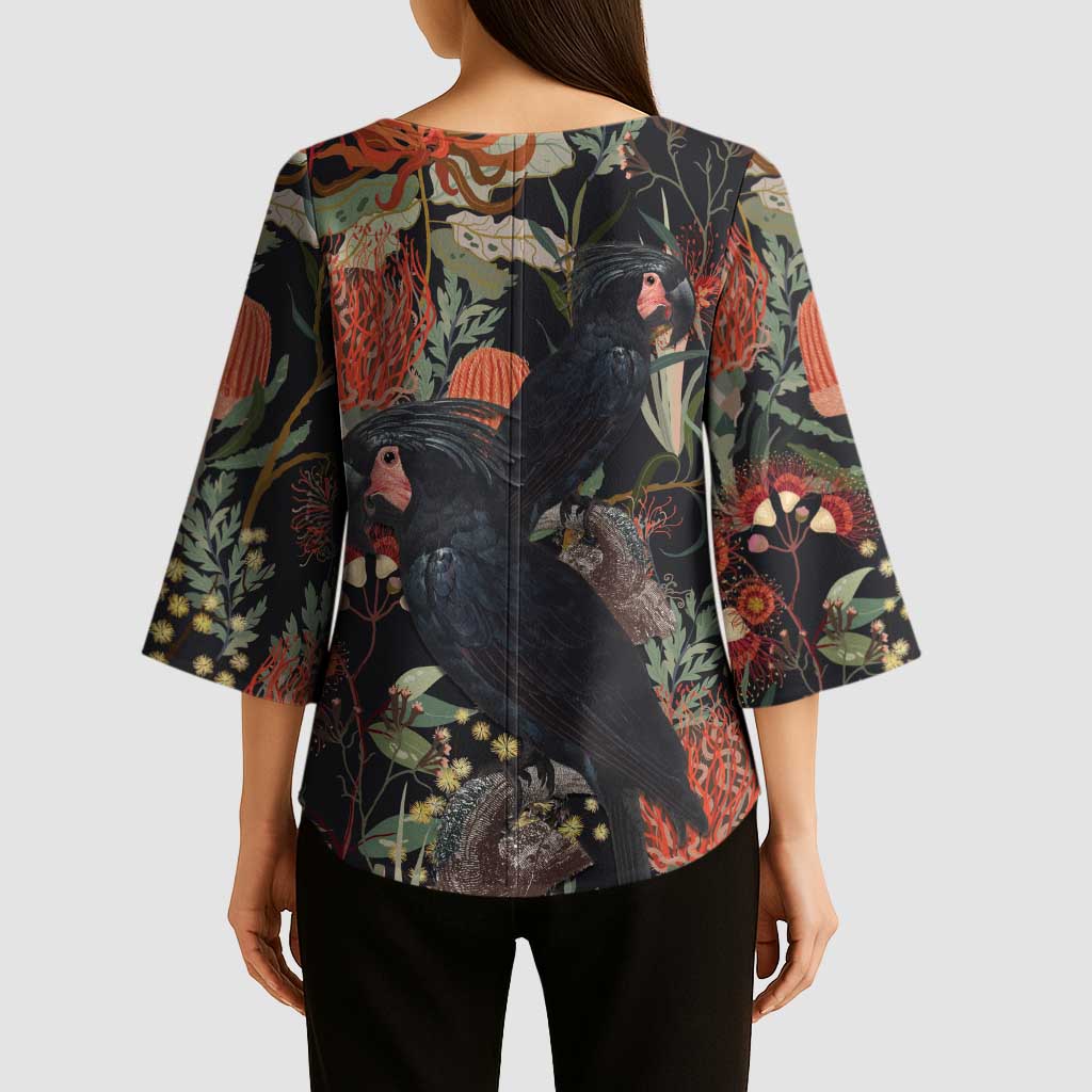 Australia Palm Cockatoo Kimono Sleeve Blouse Aussie Native Flowers - Aussie Hoodie