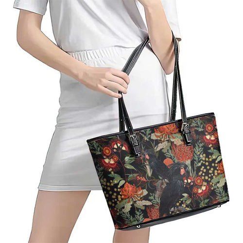 Australia Palm Cockatoo Leather Tote Bag Aussie Native Flowers - Aussie Hoodie