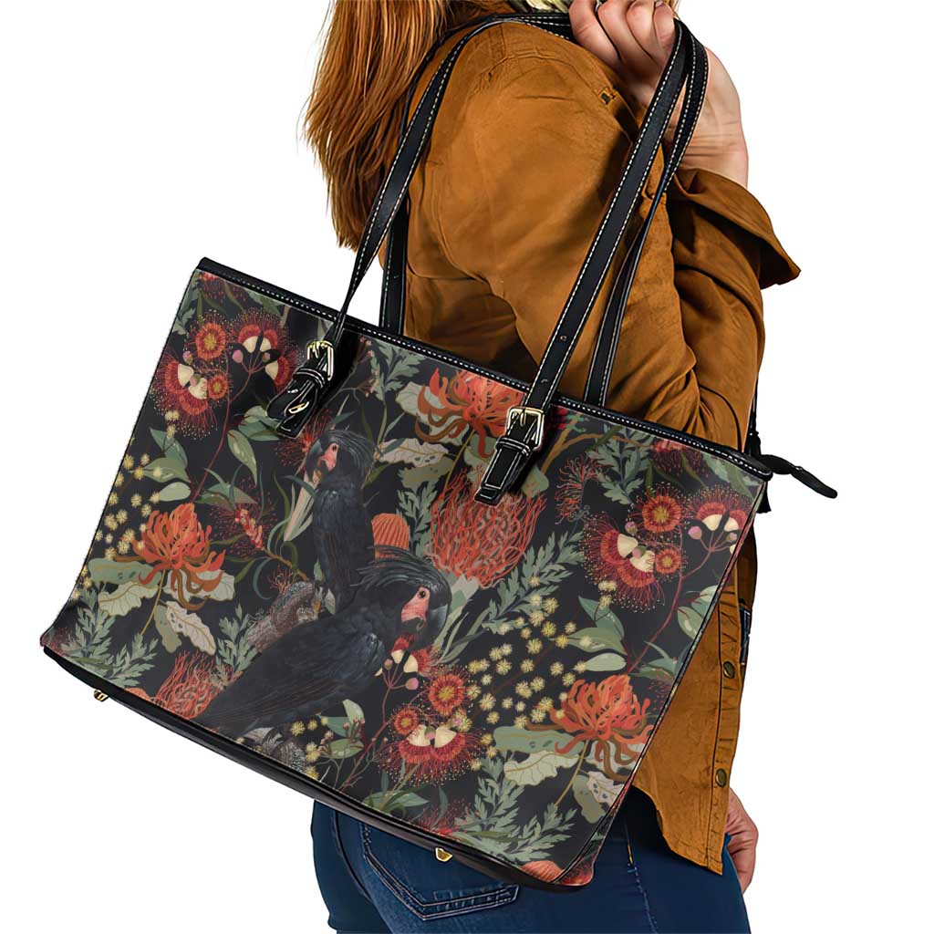 Australia Palm Cockatoo Leather Tote Bag Aussie Native Flowers - Aussie Hoodie