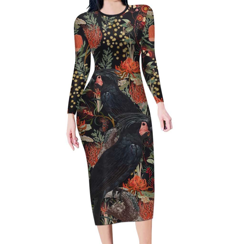 Australia Palm Cockatoo Long Sleeve Bodycon Dress Aussie Native Flowers - Aussie Hoodie