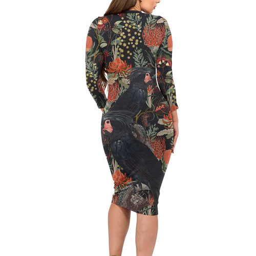 Australia Palm Cockatoo Long Sleeve Bodycon Dress Aussie Native Flowers - Aussie Hoodie