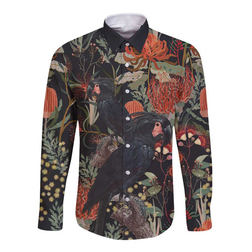 Australia Palm Cockatoo Long Sleeve Button Shirt Aussie Native Flowers - Aussie Hoodie