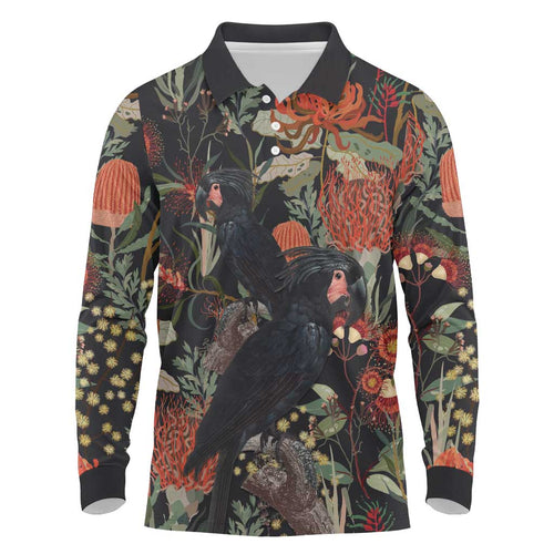 Australia Palm Cockatoo Long Sleeve Polo Shirt Aussie Native Flowers - Aussie Hoodie