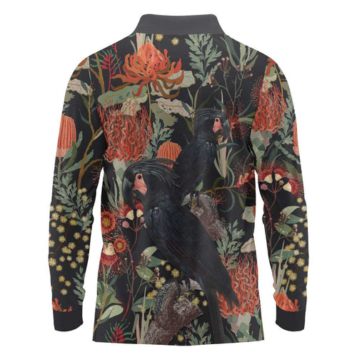 Australia Palm Cockatoo Long Sleeve Polo Shirt Aussie Native Flowers - Aussie Hoodie