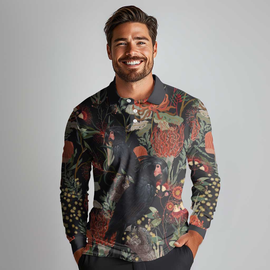 Australia Palm Cockatoo Long Sleeve Polo Shirt Aussie Native Flowers - Aussie Hoodie