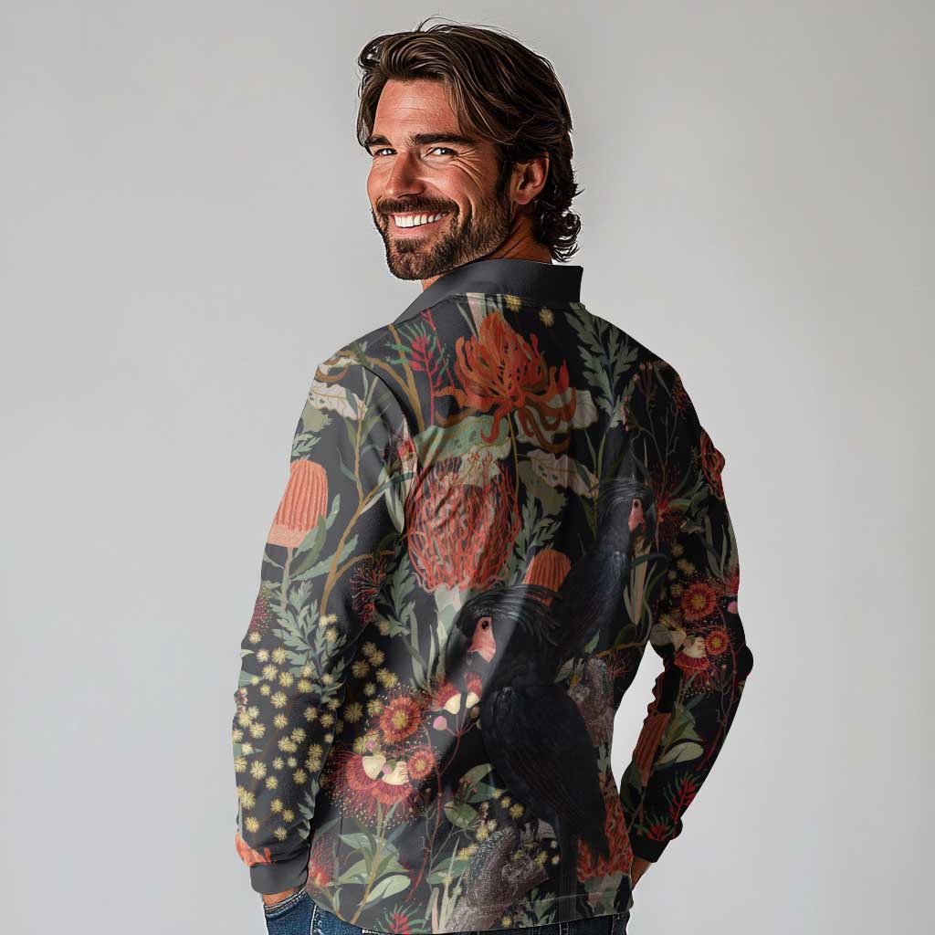 Australia Palm Cockatoo Long Sleeve Polo Shirt Aussie Native Flowers - Aussie Hoodie