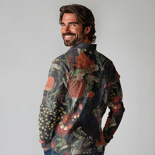 Australia Palm Cockatoo Long Sleeve Polo Shirt Aussie Native Flowers - Aussie Hoodie