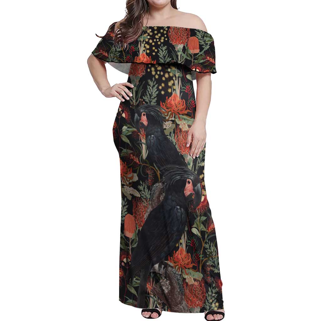 Australia Palm Cockatoo Off Shoulder Maxi Dress Aussie Native Flowers - Aussie Hoodie