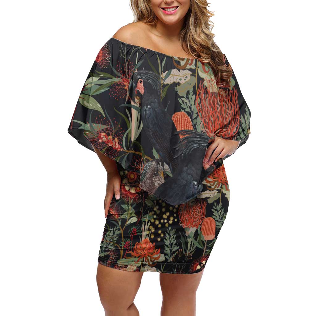 Australia Palm Cockatoo Off Shoulder Short Dress Aussie Native Flowers - Aussie Hoodie