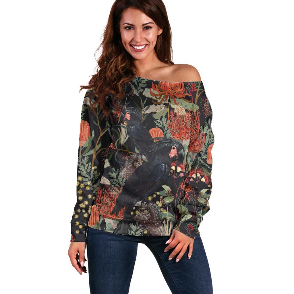Australia Palm Cockatoo Off Shoulder Sweater Aussie Native Flowers - Aussie Hoodie
