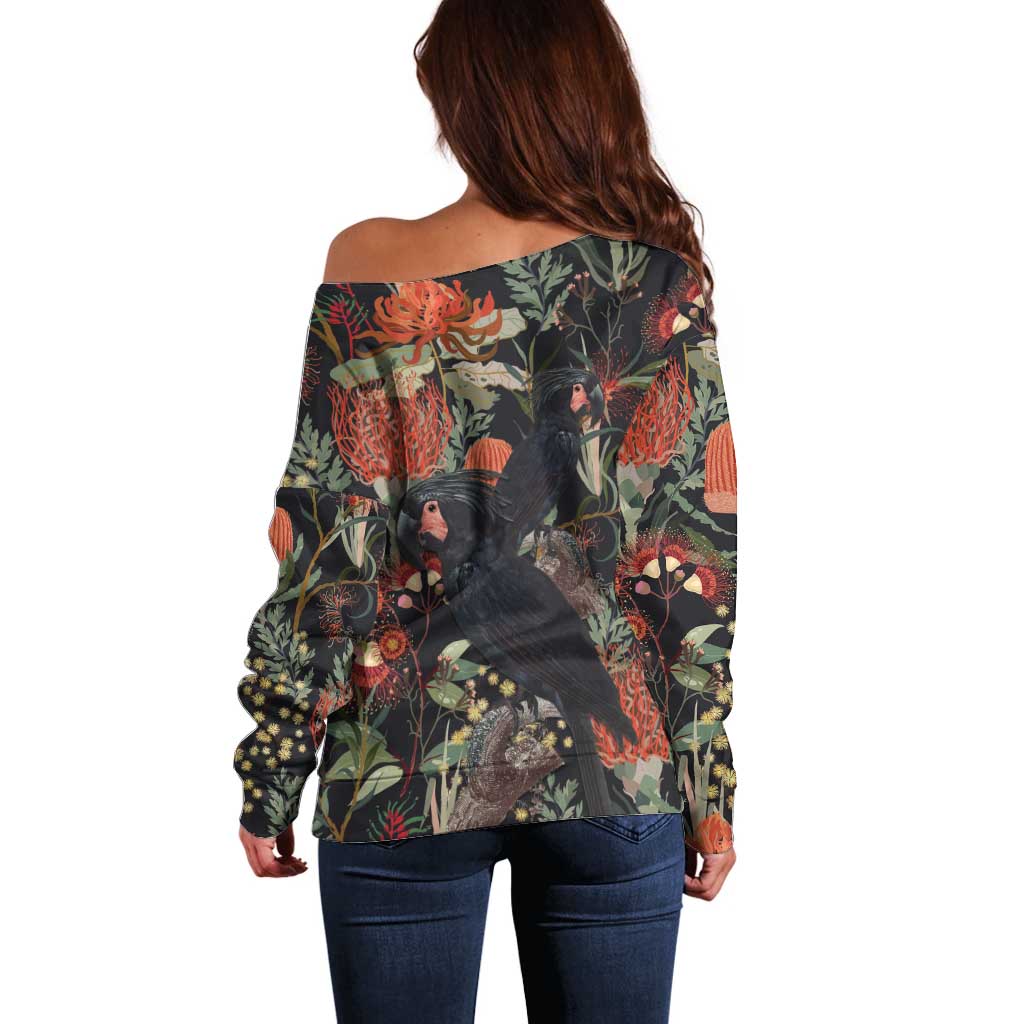 Australia Palm Cockatoo Off Shoulder Sweater Aussie Native Flowers - Aussie Hoodie