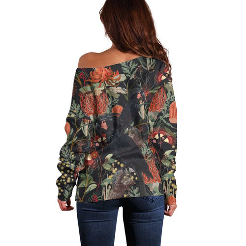 Australia Palm Cockatoo Off Shoulder Sweater Aussie Native Flowers - Aussie Hoodie