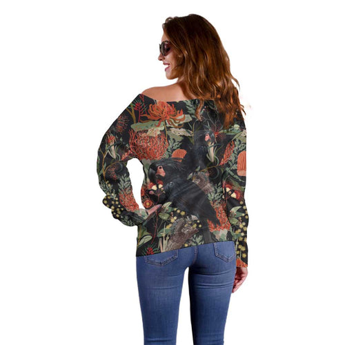 Australia Palm Cockatoo Off Shoulder Sweater Aussie Native Flowers - Aussie Hoodie