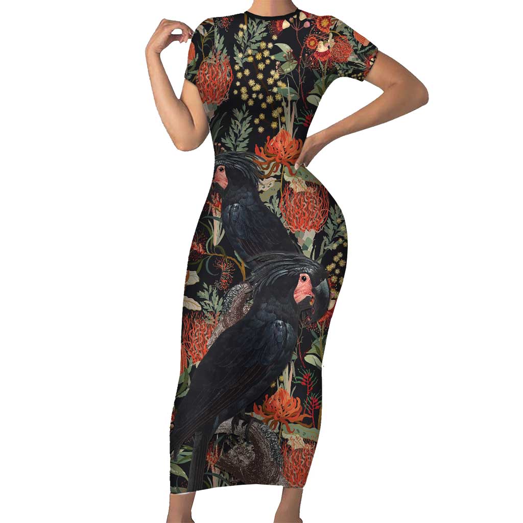 Australia Palm Cockatoo Short Sleeve Bodycon Dress Aussie Native Flowers - Aussie Hoodie