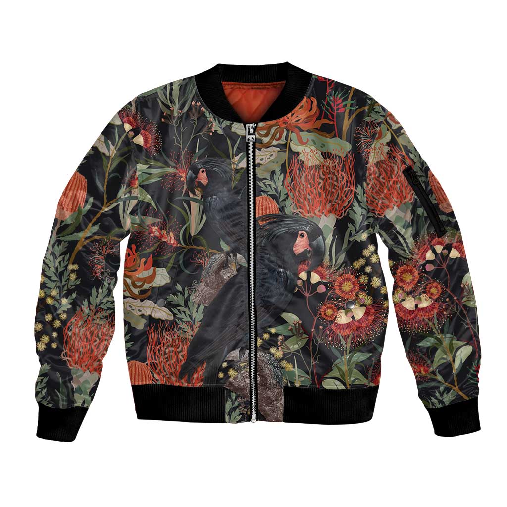 Australia Palm Cockatoo Sleeve Zip Bomber Jacket Aussie Native Flowers - Aussie Hoodie