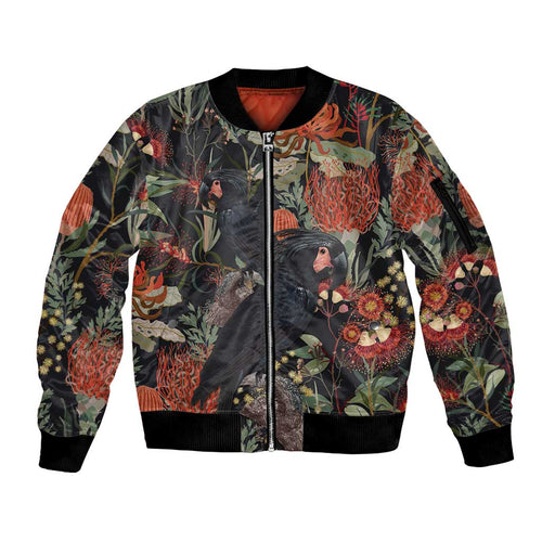 Australia Palm Cockatoo Sleeve Zip Bomber Jacket Aussie Native Flowers - Aussie Hoodie