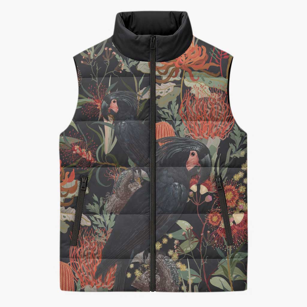 Australia Palm Cockatoo Sleeveless Puffer Jacket Aussie Native Flowers - Aussie Hoodie