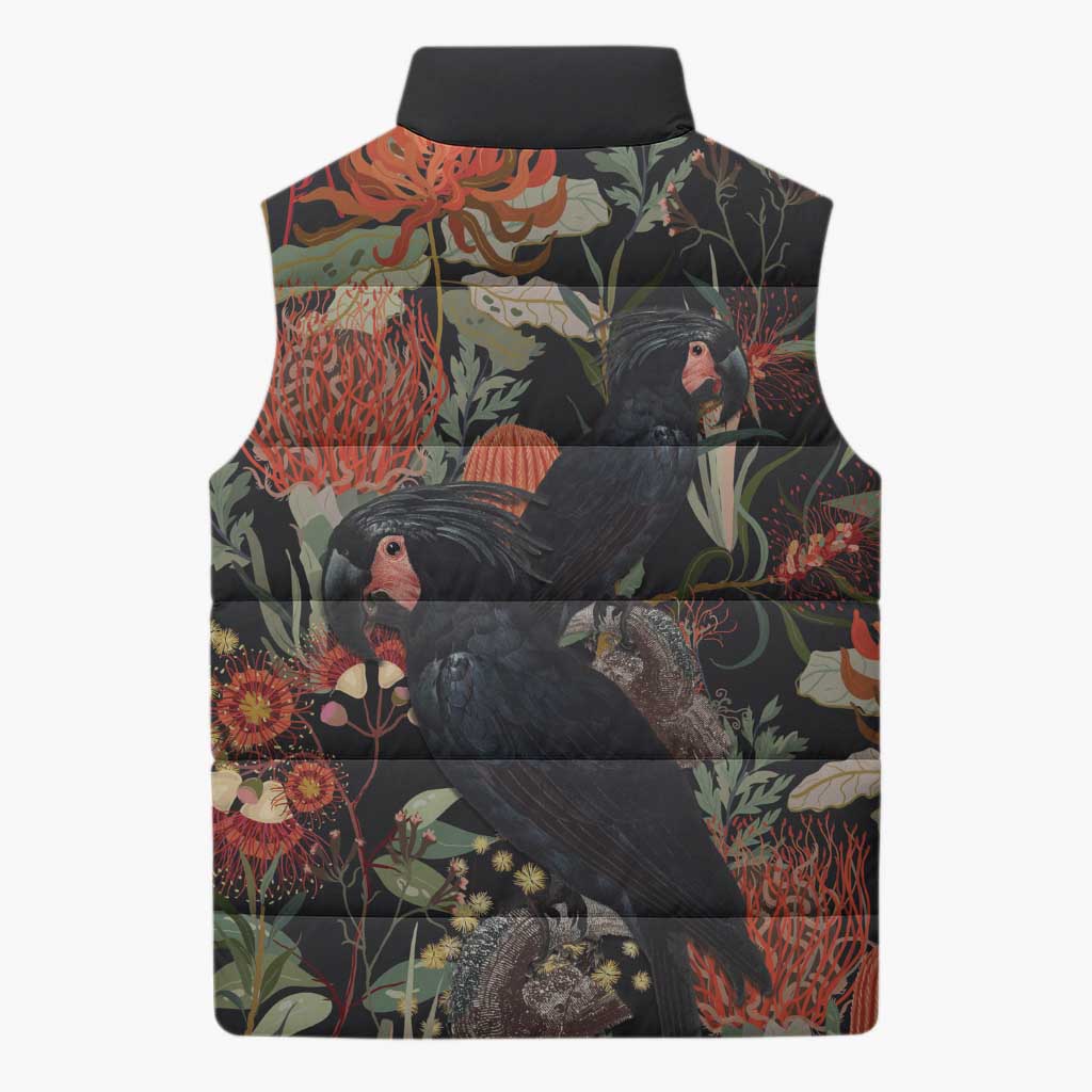 Australia Palm Cockatoo Sleeveless Puffer Jacket Aussie Native Flowers - Aussie Hoodie