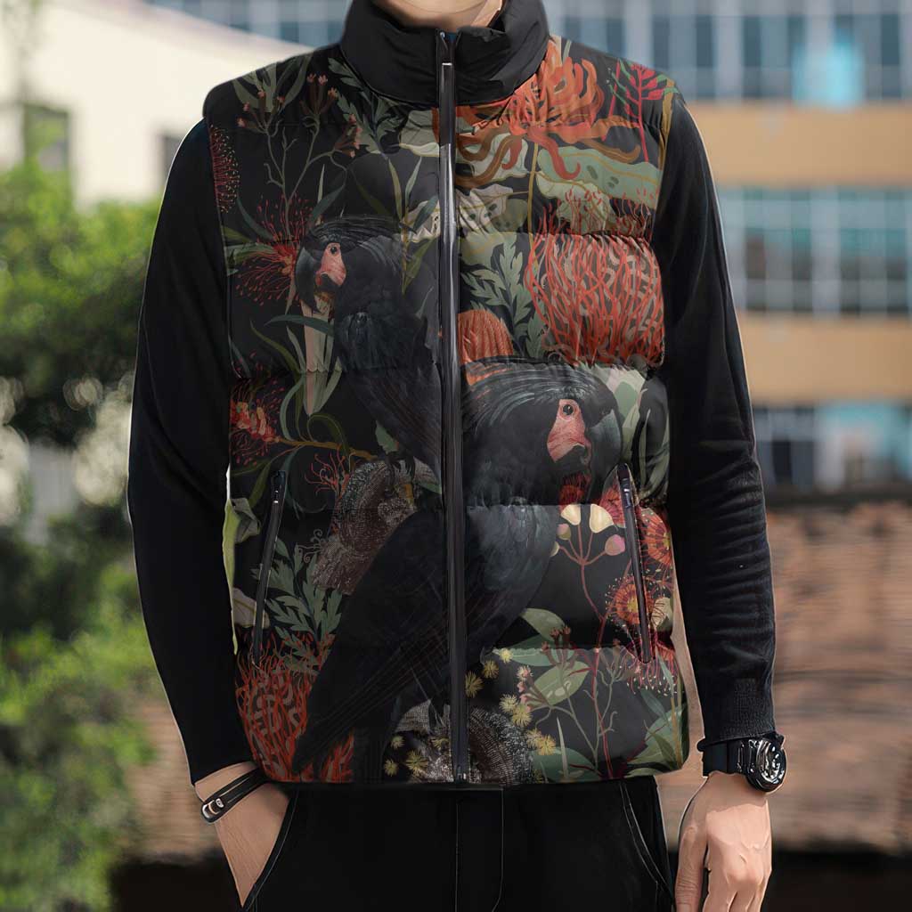 Australia Palm Cockatoo Sleeveless Puffer Jacket Aussie Native Flowers - Aussie Hoodie