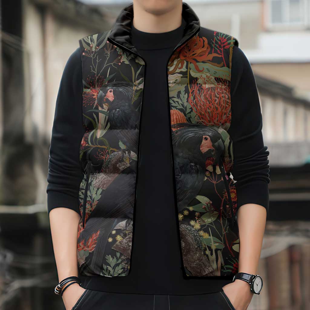 Australia Palm Cockatoo Sleeveless Puffer Jacket Aussie Native Flowers - Aussie Hoodie