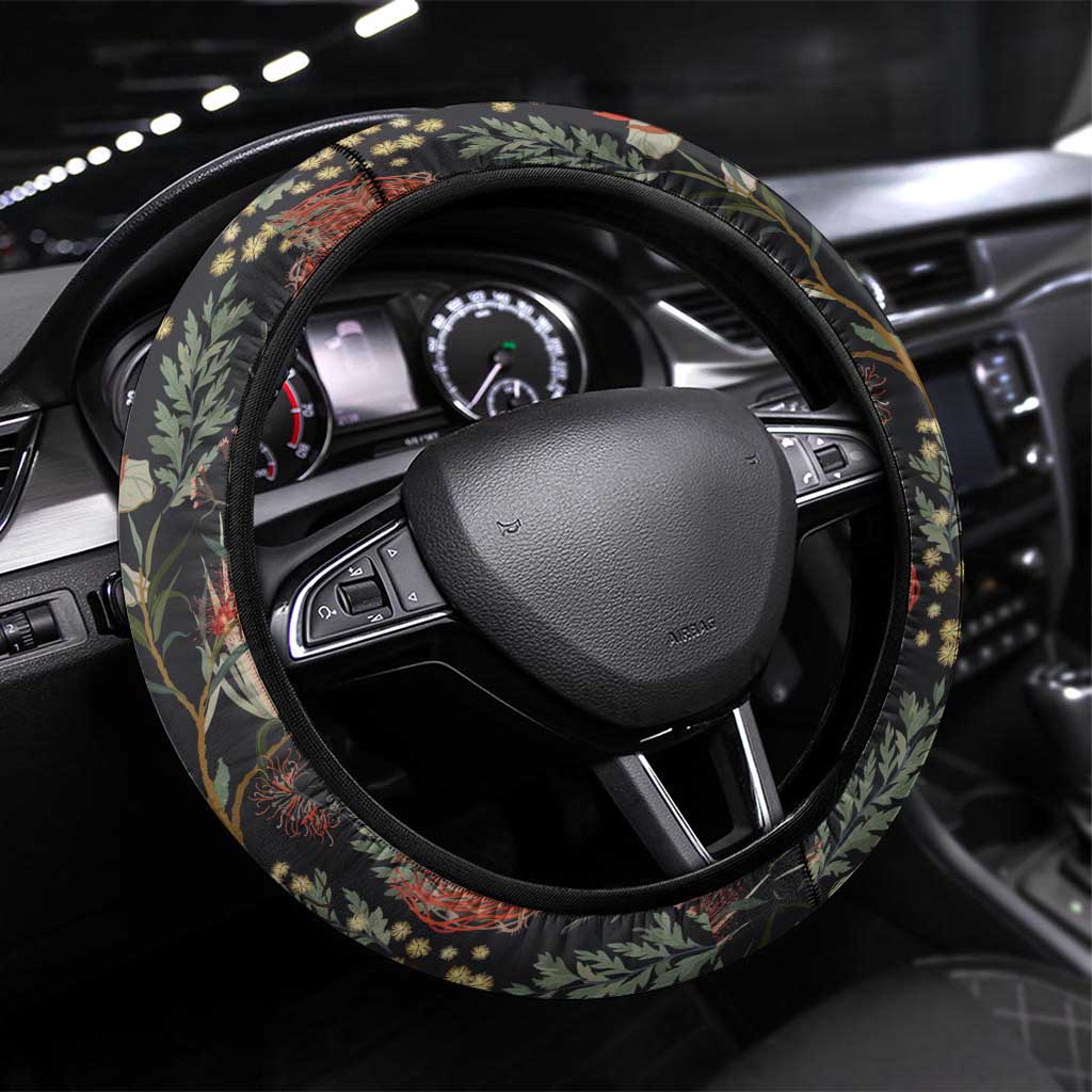 Australia Palm Cockatoo Steering Wheel Cover Aussie Native Flowers - Aussie Hoodie