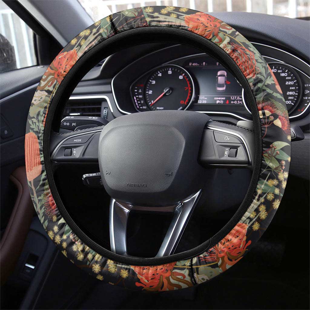 Australia Palm Cockatoo Steering Wheel Cover Aussie Native Flowers - Aussie Hoodie