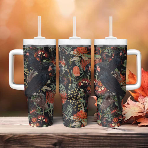 Australia Palm Cockatoo Tumbler With Handle Aussie Native Flowers - Aussie Hoodie