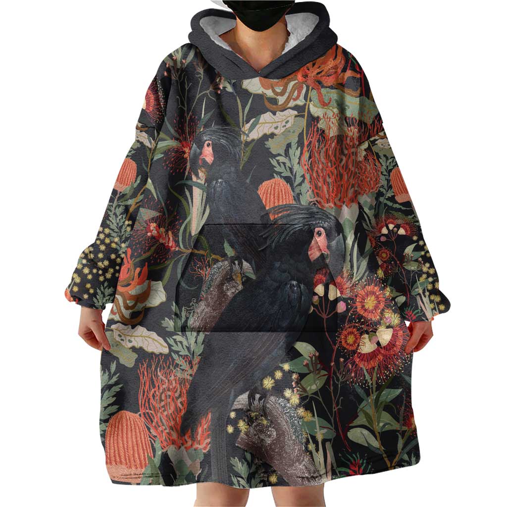 Australia Palm Cockatoo Wearable Blanket Hoodie Aussie Native Flowers - Aussie Hoodie