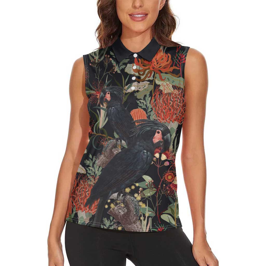 Australia Palm Cockatoo Women Sleeveless Polo Shirt Aussie Native Flowers - Aussie Hoodie