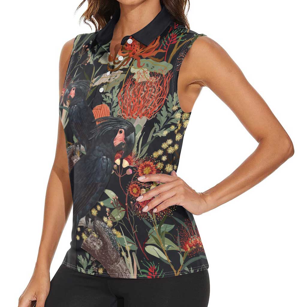 Australia Palm Cockatoo Women Sleeveless Polo Shirt Aussie Native Flowers - Aussie Hoodie