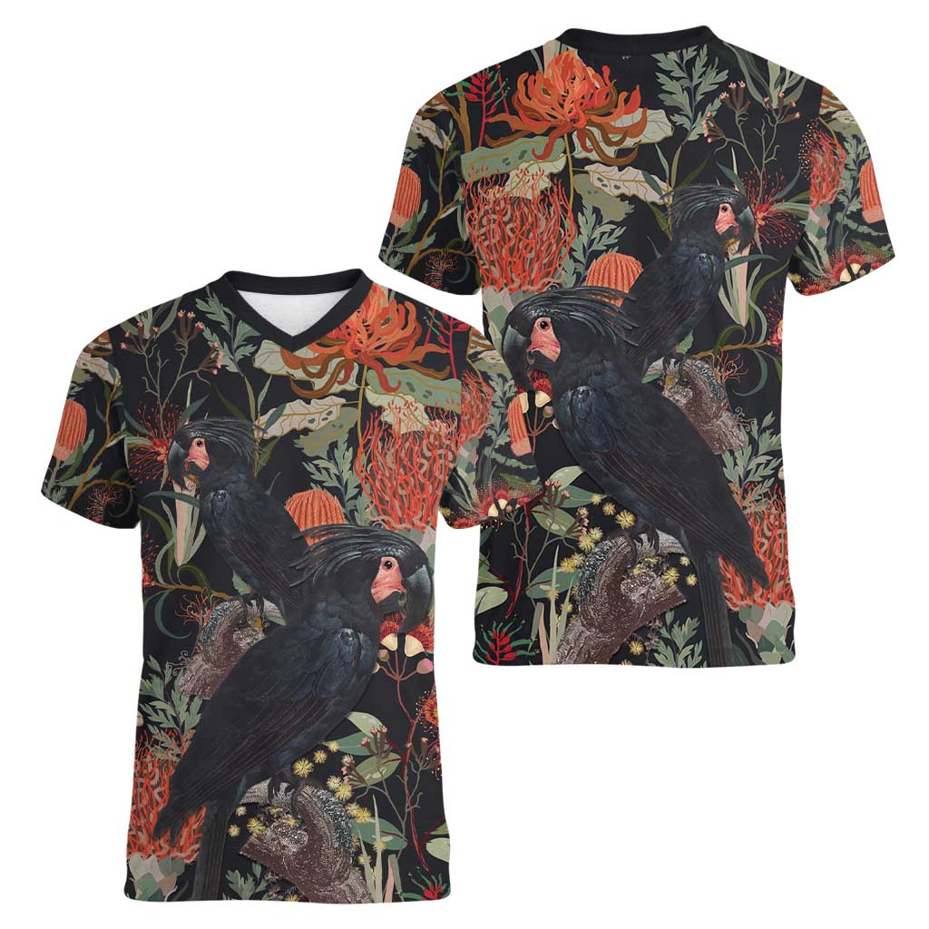 Australia Palm Cockatoo Women V-Neck T-Shirt Aussie Native Flowers - Aussie Hoodie
