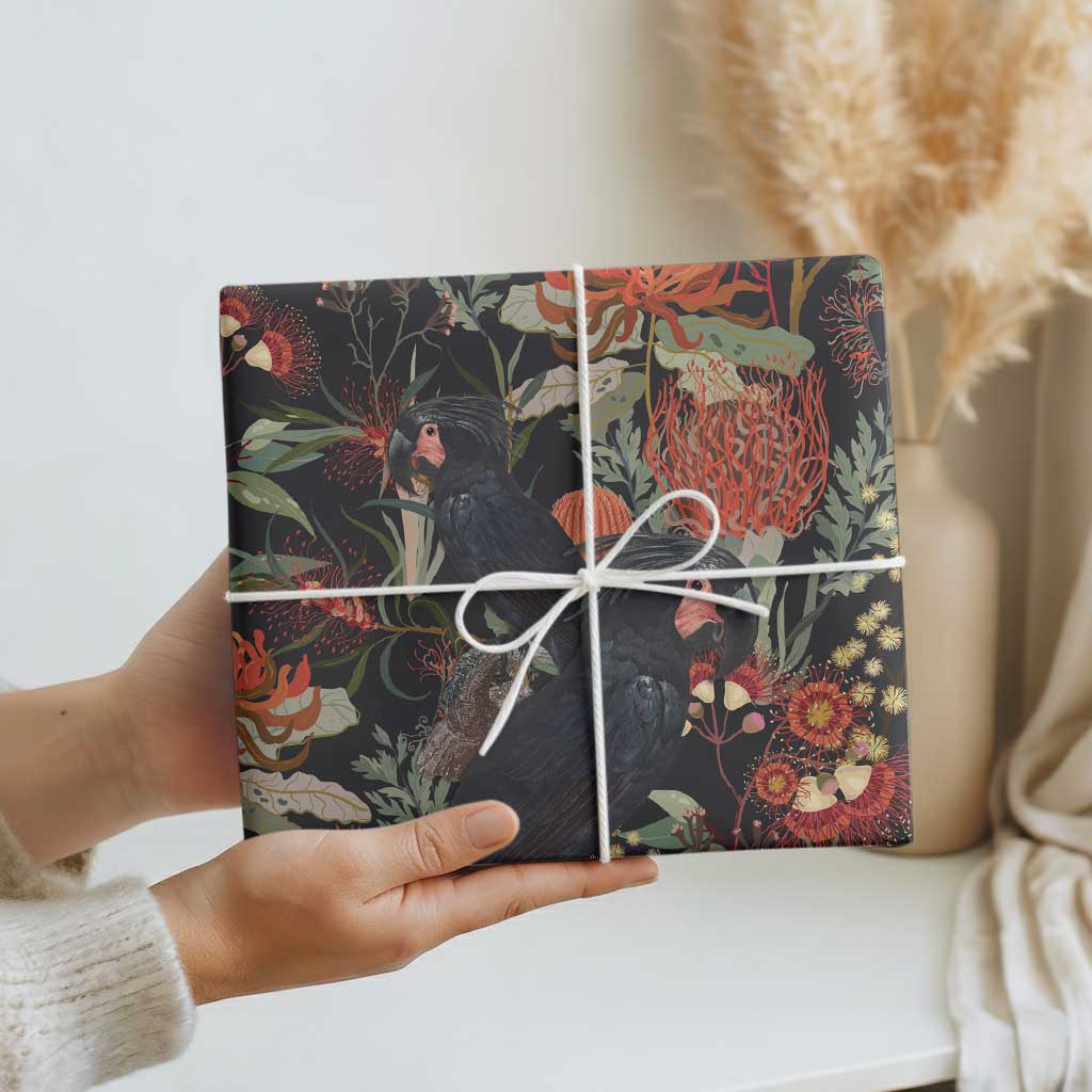 Australia Palm Cockatoo Wrapping Paper Aussie Native Flowers - Aussie Hoodie