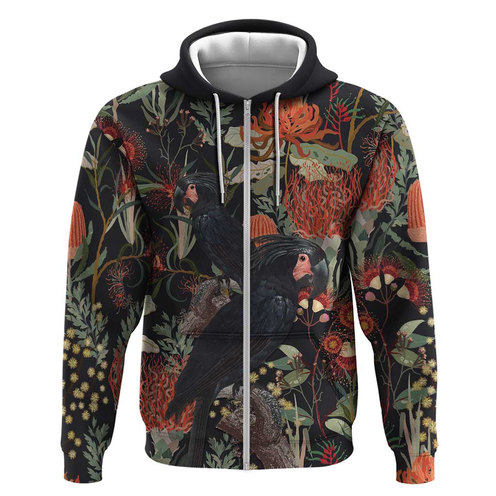 Australia Palm Cockatoo Zip Hoodie Aussie Native Flowers - Aussie Hoodie