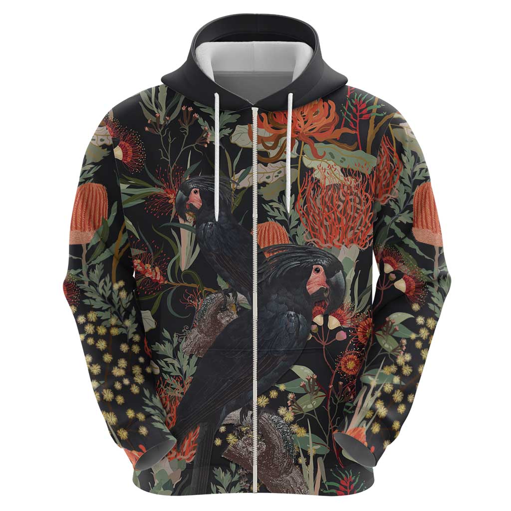 Australia Palm Cockatoo Zip Hoodie Aussie Native Flowers - Aussie Hoodie