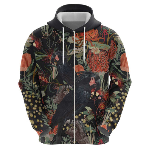 Australia Palm Cockatoo Zip Hoodie Aussie Native Flowers - Aussie Hoodie