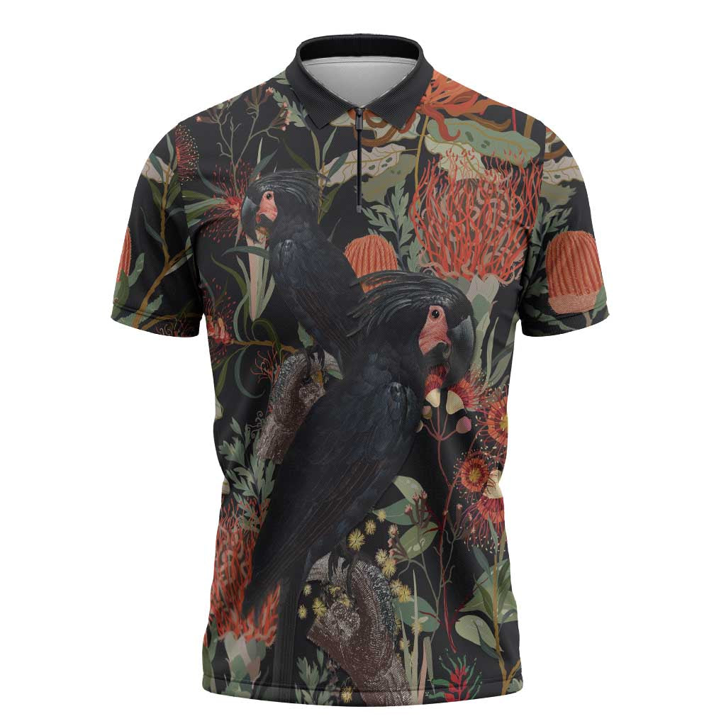 Australia Palm Cockatoo Zipper Polo Shirt Aussie Native Flowers - Aussie Hoodie