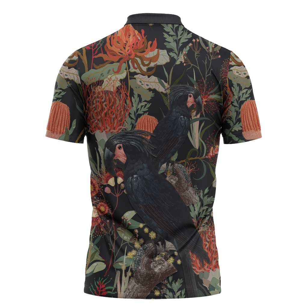 Australia Palm Cockatoo Zipper Polo Shirt Aussie Native Flowers - Aussie Hoodie