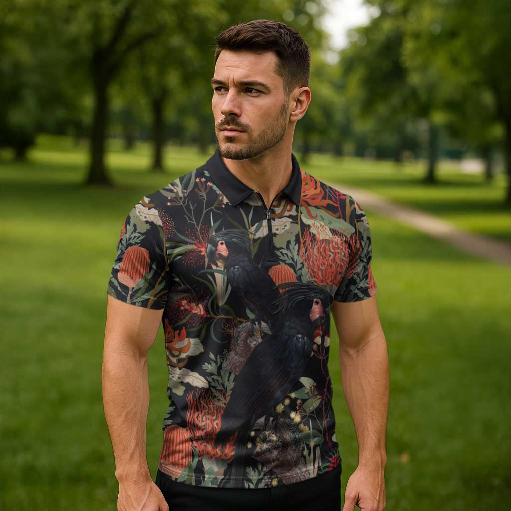 Australia Palm Cockatoo Zipper Polo Shirt Aussie Native Flowers - Aussie Hoodie