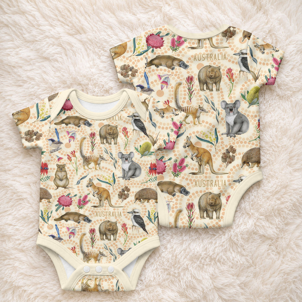 Australia Native Animals Baby Onesie Aussie Aboriginal Art Seamless Vibes