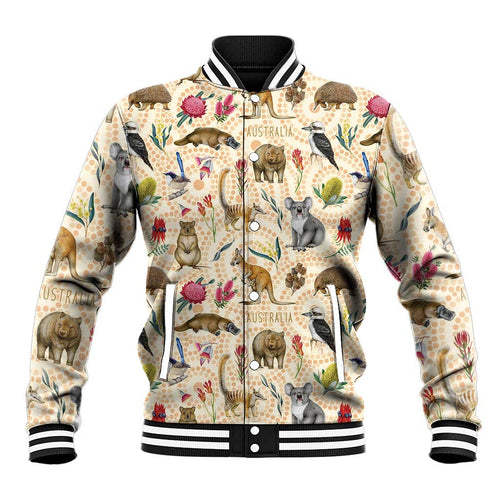 Australia Native Animals Baseball Jacket Aussie Aboriginal Art Seamless Vibes - Aussie Hoodie